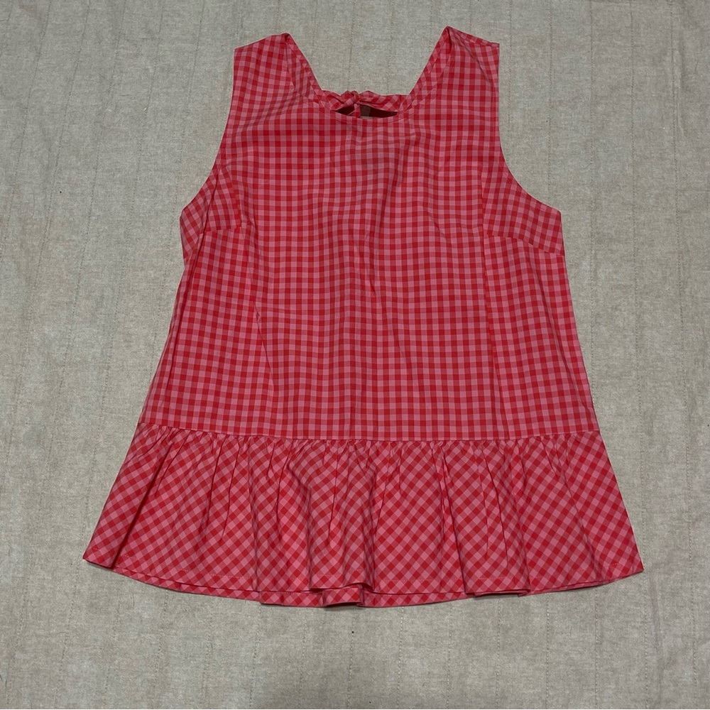 J. Crew Factory Printed Bow Back Peplum Tank Top Oversized Pink Gingham Small
